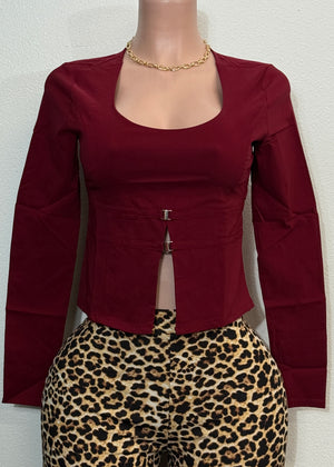 LETTIE BURGUNDY LONG SLEEVE ROUND NECK CROPPED BLOUSE