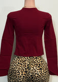 LETTIE BURGUNDY LONG SLEEVE ROUND NECK CROPPED BLOUSE