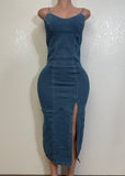 SAYLOR MID BLUE DENIM STRAPPY BODYCON MIDI DRESS