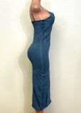 SAYLOR MID BLUE DENIM STRAPPY BODYCON MIDI DRESS