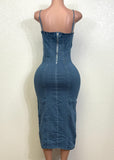 SAYLOR MID BLUE DENIM STRAPPY BODYCON MIDI DRESS