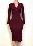 HONEY BURGUNDY FRONT BUTTONED MIDI DRESS
