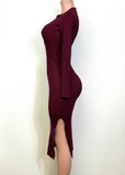 HONEY BURGUNDY FRONT BUTTONED MIDI DRESS