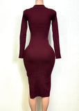 HONEY BURGUNDY FRONT BUTTONED MIDI DRESS