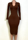 HONEY BROWN FRONT BUTTONED MIDI DRESS
