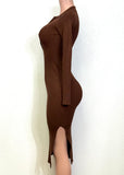 HONEY BROWN FRONT BUTTONED MIDI DRESS