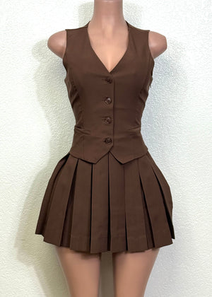 BELFAST BROWN VEST TOP PLEATED MINI SKIRT COMBO DRESS