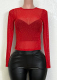MAXIM RED RHINESTONE EMBELLISHED MESH LONG SLEEVE KNIT TOP