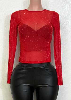 MAXIM RED RHINESTONE EMBELLISHED MESH LONG SLEEVE KNIT TOP