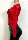 MAXIM RED RHINESTONE EMBELLISHED MESH LONG SLEEVE KNIT TOP