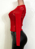 MAXIM RED RHINESTONE EMBELLISHED MESH LONG SLEEVE KNIT TOP