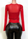 MAXIM RED RHINESTONE EMBELLISHED MESH LONG SLEEVE KNIT TOP