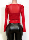 MAXIM RED RHINESTONE EMBELLISHED MESH LONG SLEEVE KNIT TOP