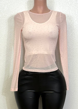 MAXIM PINK RHINESTONE EMBELLISHED MESH LONG SLEEVE KNIT TOP
