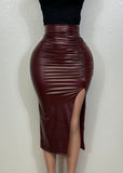 LORNA BURGUNDY FAUX LEATHER MIDI SKIRT