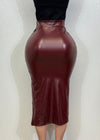 LORNA BURGUNDY FAUX LEATHER MIDI SKIRT