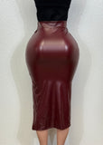 LORNA BURGUNDY FAUX LEATHER MIDI SKIRT