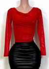 BELINDA RED RHINESTONE EMBELLISHED DOUBLE LINED KNIT TOP