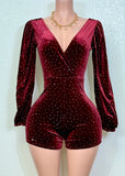 ADHARA BURGUNDY RHINESTONE EMBELLISHED ROMPER