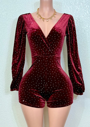 ADHARA BURGUNDY RHINESTONE EMBELLISHED ROMPER