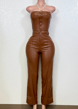SCOTTIE BROWN FAUX LEATHER JUMPSUIT