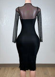 ROSALIE BLACK STRETCH BODYCON MESH LONG SLEEVE MDI DRESS