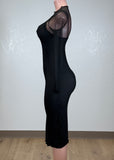 ROSALIE BLACK STRETCH BODYCON MESH LONG SLEEVE MDI DRESS