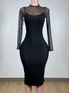 ROSALIE BLACK STRETCH BODYCON MESH LONG SLEEVE MDI DRESS