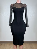 ROSALIE BLACK STRETCH BODYCON MESH LONG SLEEVE MDI DRESS
