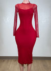 ROSALIE RED STRETCH BODYCON MESH LONG SLEEVE MIDI DRESS