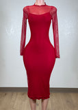 ROSALIE RED STRETCH BODYCON MESH LONG SLEEVE MIDI DRESS