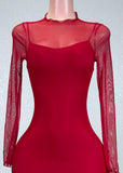 ROSALIE RED STRETCH BODYCON MESH LONG SLEEVE MIDI DRESS