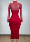 ROSALIE RED STRETCH BODYCON MESH LONG SLEEVE MIDI DRESS