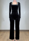 ARABELLA BLACK RHINESTONE NECK VELVET LONG SLEEVE JUMPSUIT