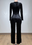 ARABELLA BLACK RHINESTONE NECK VELVET LONG SLEEVE JUMPSUIT
