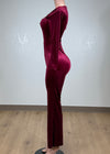 ARABELLA BURGUNDY RHINESTONE NECK VELVET LONG SLEEVE JUMPSUIT