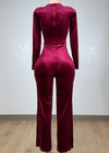 ARABELLA BURGUNDY RHINESTONE NECK VELVET LONG SLEEVE JUMPSUIT