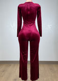 ARABELLA BURGUNDY RHINESTONE NECK VELVET LONG SLEEVE JUMPSUIT