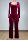 ARABELLA BURGUNDY RHINESTONE NECK VELVET LONG SLEEVE JUMPSUIT