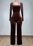 ARABELLA BROWN RHINESTONE NECK VELVET LONG SLEEVE JUMPSUIT
