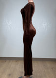 ARABELLA BROWN RHINESTONE NECK VELVET LONG SLEEVE JUMPSUIT