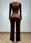 ARABELLA BROWN RHINESTONE NECK VELVET LONG SLEEVE JUMPSUIT