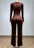 ARABELLA BROWN RHINESTONE NECK VELVET LONG SLEEVE JUMPSUIT