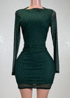 LONDYN GREEN RHINESTONE MESH LONG SLEEVE BODYCON MINI DRESS