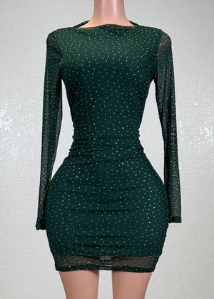 LONDYN GREEN RHINESTONE MESH LONG SLEEVE BODYCON MINI DRESS