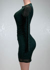 LONDYN GREEN RHINESTONE MESH LONG SLEEVE BODYCON MINI DRESS