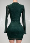 LONDYN GREEN RHINESTONE MESH LONG SLEEVE BODYCON MINI DRESS