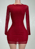 LONDYN RED RHINESTONE MESH LONG SLEEVE BODYCON MINI DRESS