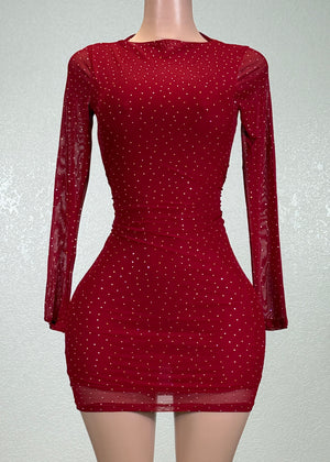 LONDYN RED RHINESTONE MESH LONG SLEEVE BODYCON MINI DRESS