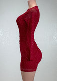 LONDYN RED RHINESTONE MESH LONG SLEEVE BODYCON MINI DRESS